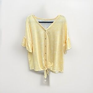 A:Glow Maternity Nursing Top Yellow Floral Button Front Tie Hem Ruffle Sleeve L